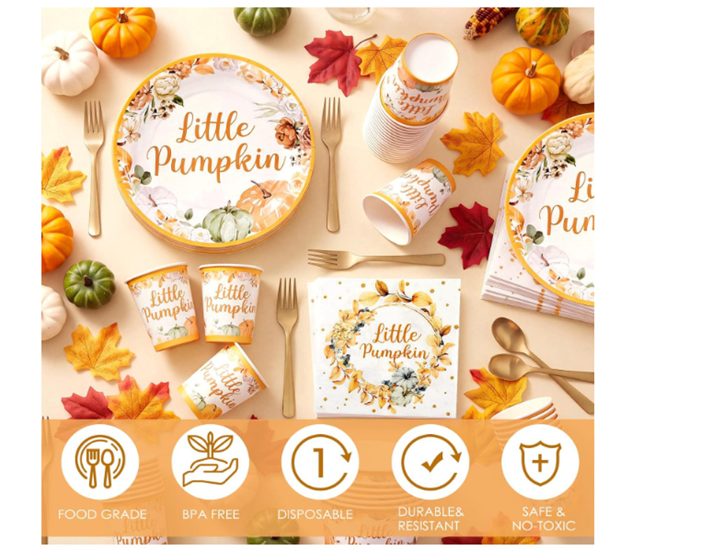 New Fall Little Pumpkin Baby Shower 7" & 9" Plates, Cups Napkins Forks Serves 24